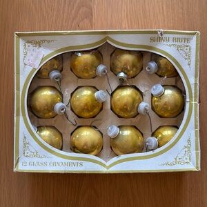 Vintage Shiny Brite Glass Christmas Ornaments Set of 12 Gold Small In Box 60s